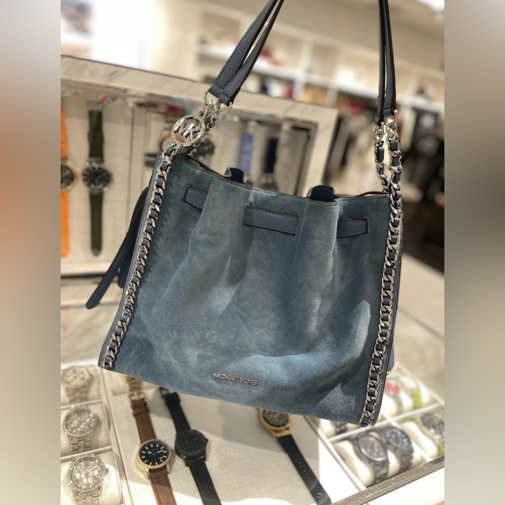 New Michael Kors  Mina Large Suede Chain Shoulder Bag cornflower - Picture 7 of 9